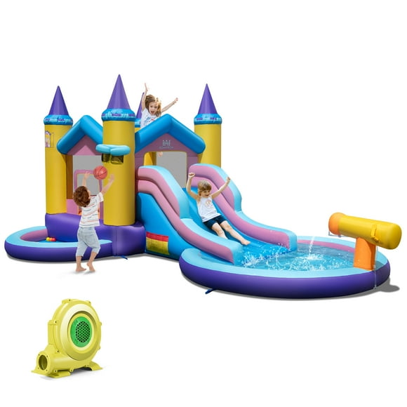 Costway 6 in 1 Kids Inflatable Water Slide Blower with Slide Splash Pool with 735W Blower