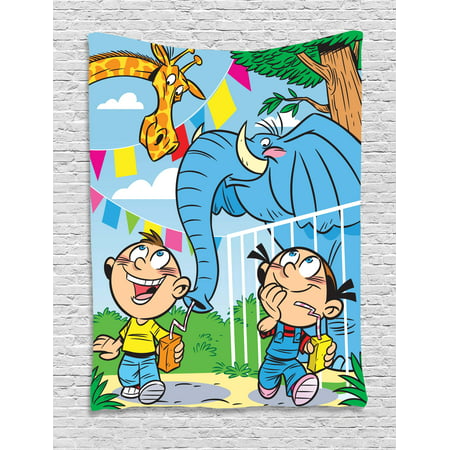 Baby Tapestry, Children with Mischievous Elephant Giraffe Pranks Juice Zoo Theme Brother and Sister, Wall Hanging for Bedroom Living Room Dorm Decor, 60W X 80L Inches, Multicolor, by (Best College Dorm Pranks)