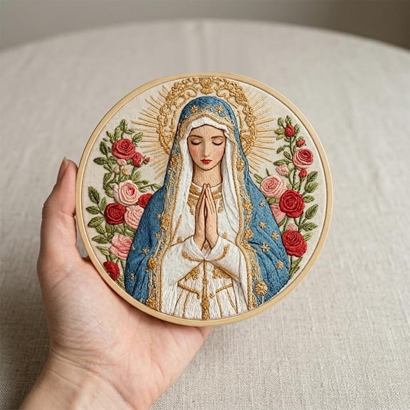 Beginner Virgin Mary Embroidery Kit - Handmade Cross Stitch Needlework Set with Pattern & Supplies, 5.9" Hoop