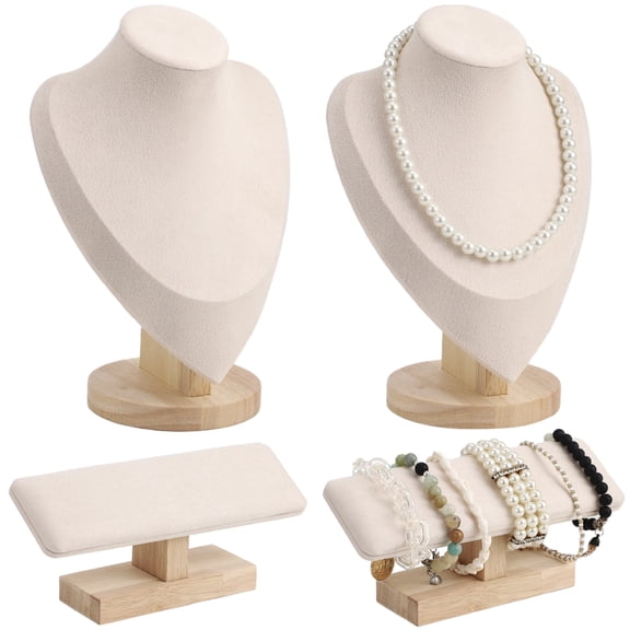 4 Pcs Jewelry Display Bust Set with Wood Base, Including 2 Necklace Stands & 2 T-bar Bracelet Display Stands, Beige Jewelry Bust for Home Store Trade Show