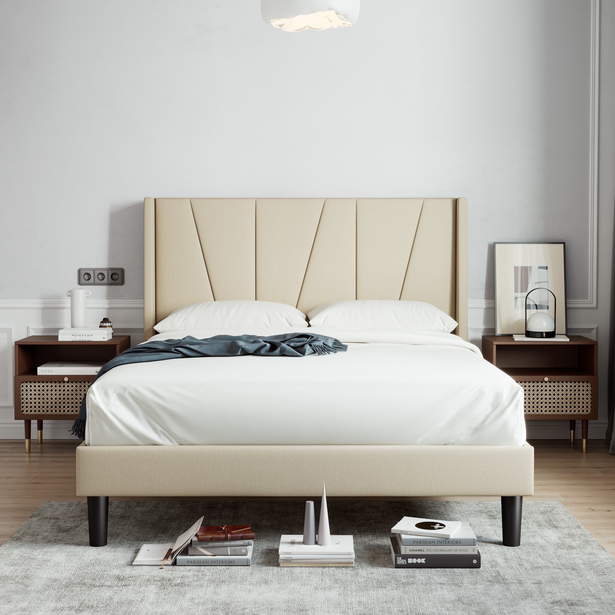Sha Cerlin Queen Bed Frame, Upholstered Platform Bed with Wingback and Geometric Headboard, Beige