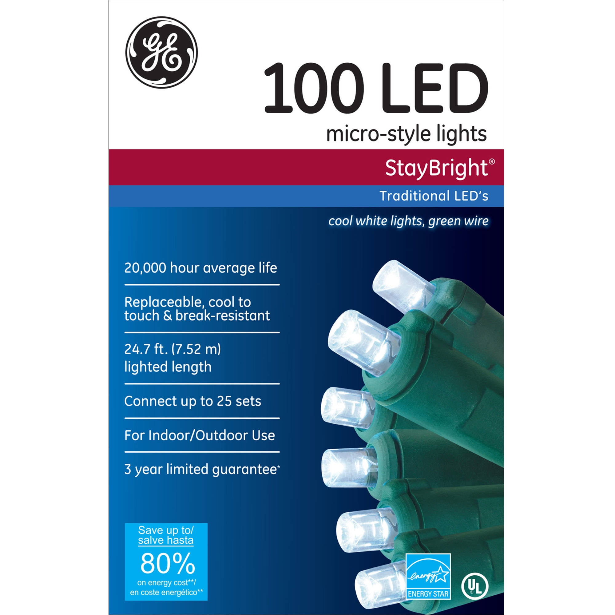 GE Micro-Style Lights 100 LED Staybright Cool White Green String 24.7 Ft NEW