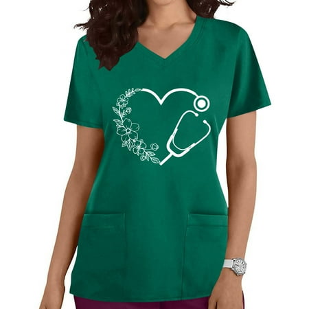 

Funicet Savings Clearance 2023! Womens Plus Size Scrubs Tops Short-Sleeve Nurse Uniform V Neck Working Uniform Cute Floral Printed T-Shirts Casual Blounce w/Pockets