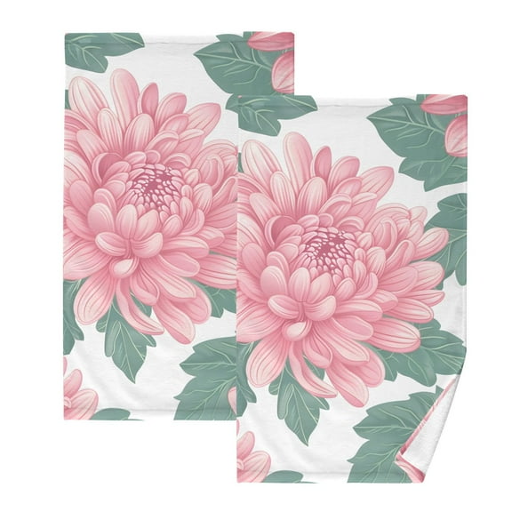 Pink Flower with Green Leaves Hand Towel Bath Towels Face Towels Cotton Absorbent for Home Hotel Spa Swimming Yoga Sports Decorative Towel Set of 2