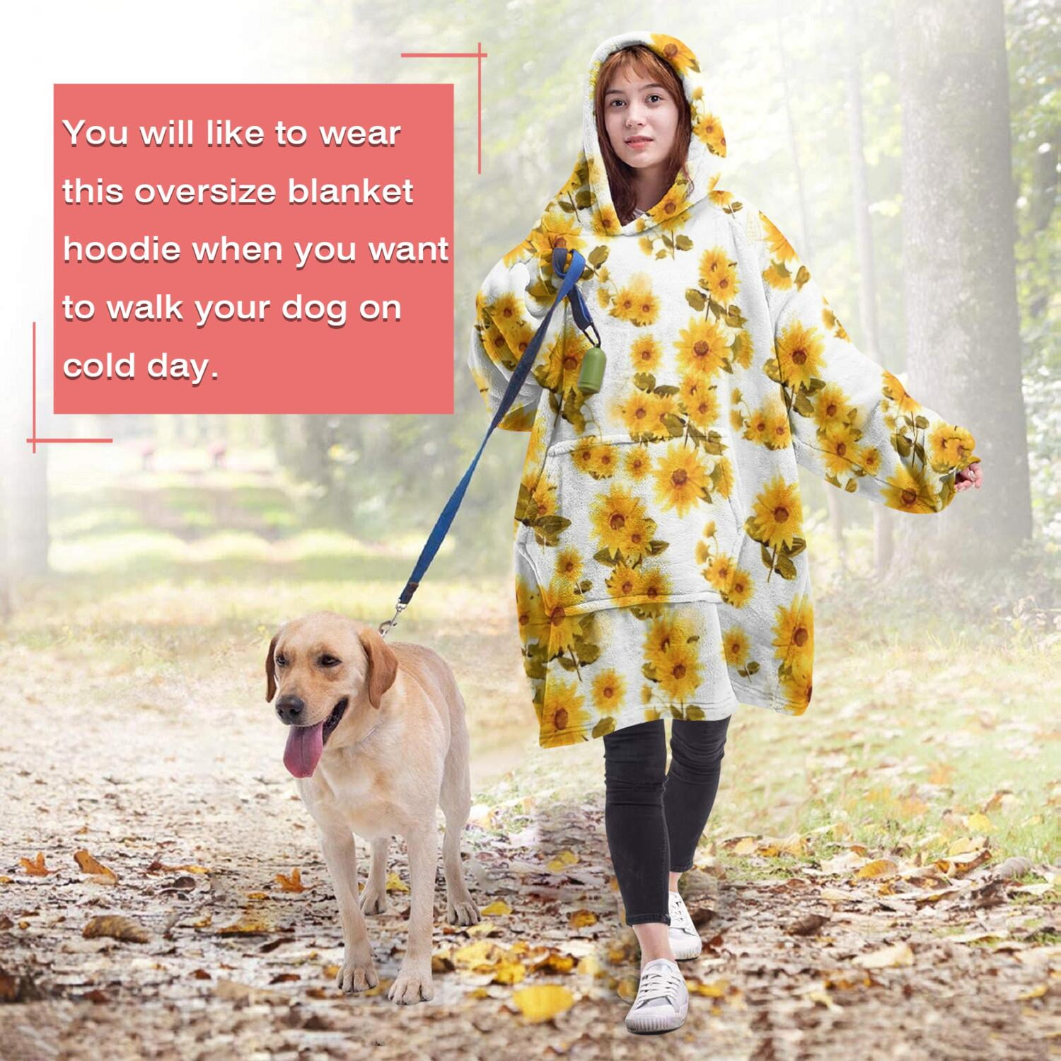 White Yellow Sunflower Pattern Wearable Oversized Blanket,Wearable Blanket Hoodie for Adults,Cozy Hooded Blankets with Super Pockets,Super Warm Fuzzy Pullover for Women & Men