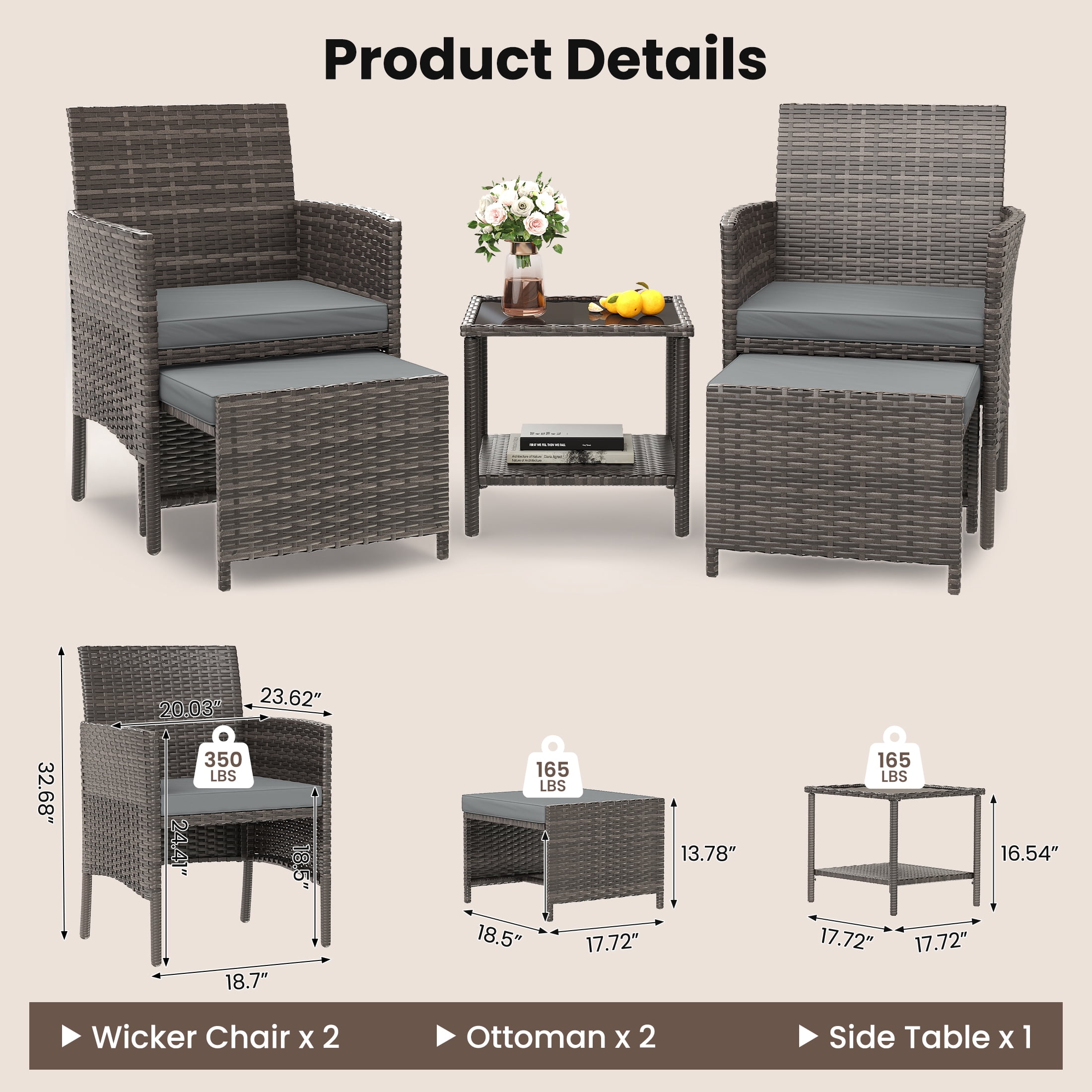 UDPATIO Balcony Furniture 5 Piece Patio Furniture Set, Outdoor Grey Wicker Chairs with Ottoman, Grey