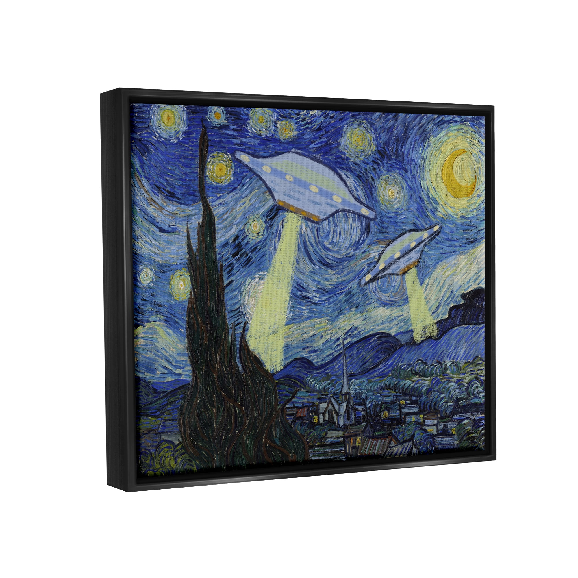 Stupell Industries Starry Night Classic Alien UFOs Fairy Tales & Fantasy Painting Black Floater Framed Art Print Wall Art