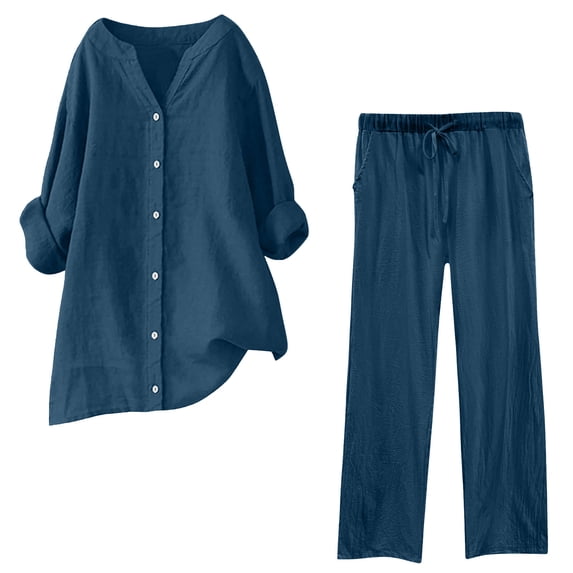 mihongmao Cruise Outfits for Women Yoga Sets Women Summer Loose Casual Solid Color Fashionable Long Sleeved+Pants Outwear Set Navy 4X