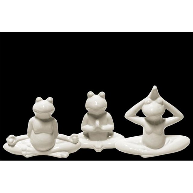 Urban Trends Collection 41501-AST 4 Piece Distressed Gloss White Ceramic Meditating Frog Figurine Assorted Yoga Position Assortment, Set of Three - 8.75 x 3.00 x 7.50 in.