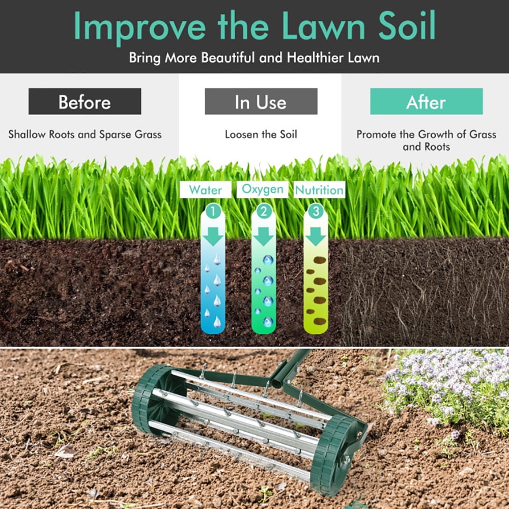 Kadyn Yard Roller,Lawn Roller, Sod Roller, Lawn Care Tools, 18 Inch Rolling Lawn Aerator with Anti-slip Handle and Tine Spikes