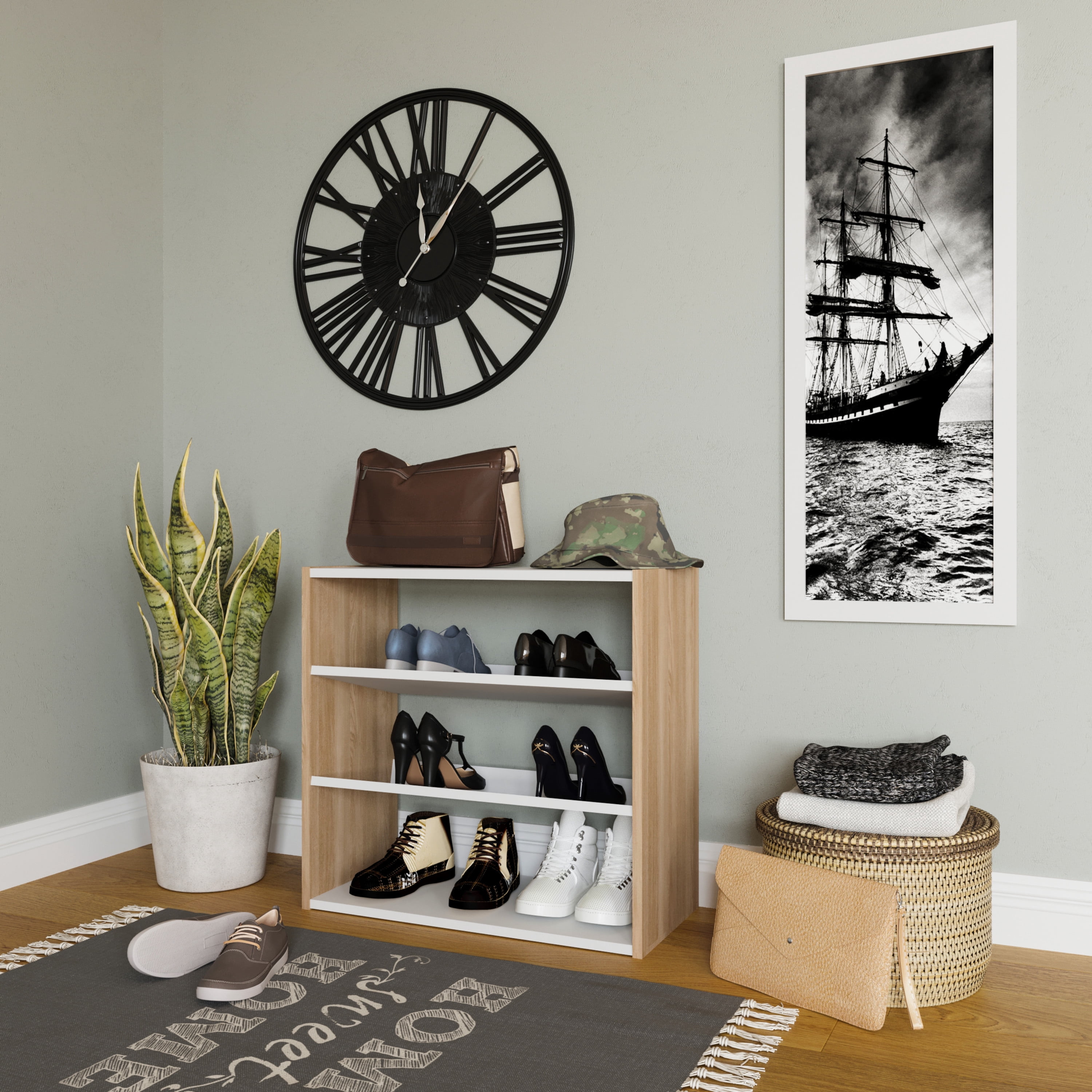 Ada Home Decor Furniture 3 Tier 9 Pair Oak White Marcey Modern Shoe Rack