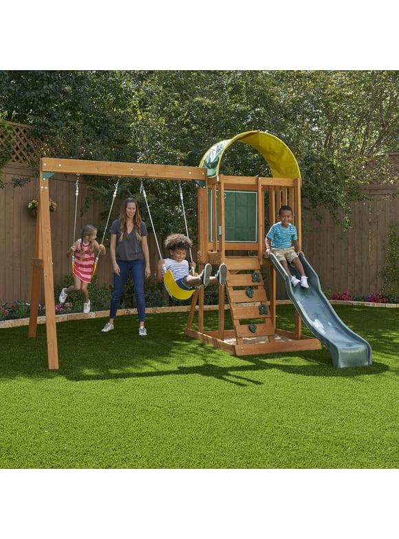 KidKraft Ainsley Wooden Outdoor Swing Set with Slide and Rock Wall