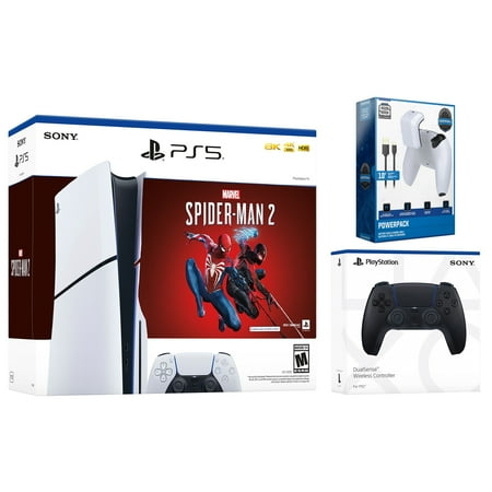 Sony PlayStation 5 Disc Slim Marvel’s Spider-Man 2 Bundle with Extra Midnight Black Controller and Surge Battery Pack & Charge Cable