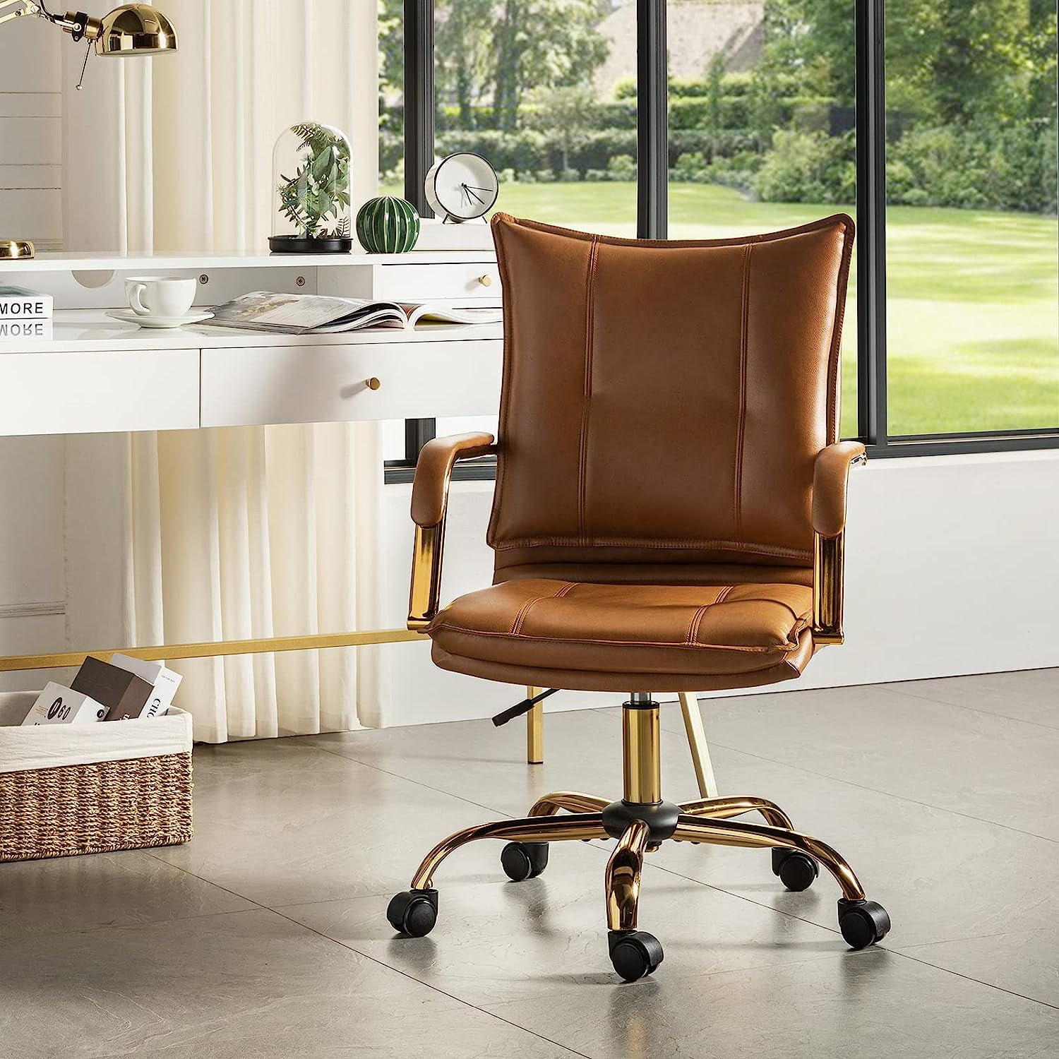Tina's Home Luxury Faux Leather Office Chair with Golden Accents, Adjustable Swivel Ergonomic Desk Chair for Executive Comfort and Style Camel