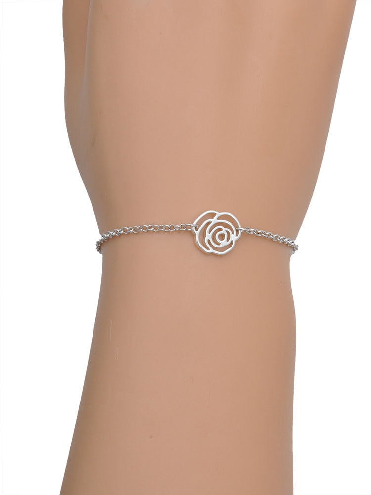 Delight Jewelry Silvertone Equestrian Horse Silver-tone Rose Link Chain Bracelet, 6.25"+1.75" Extender