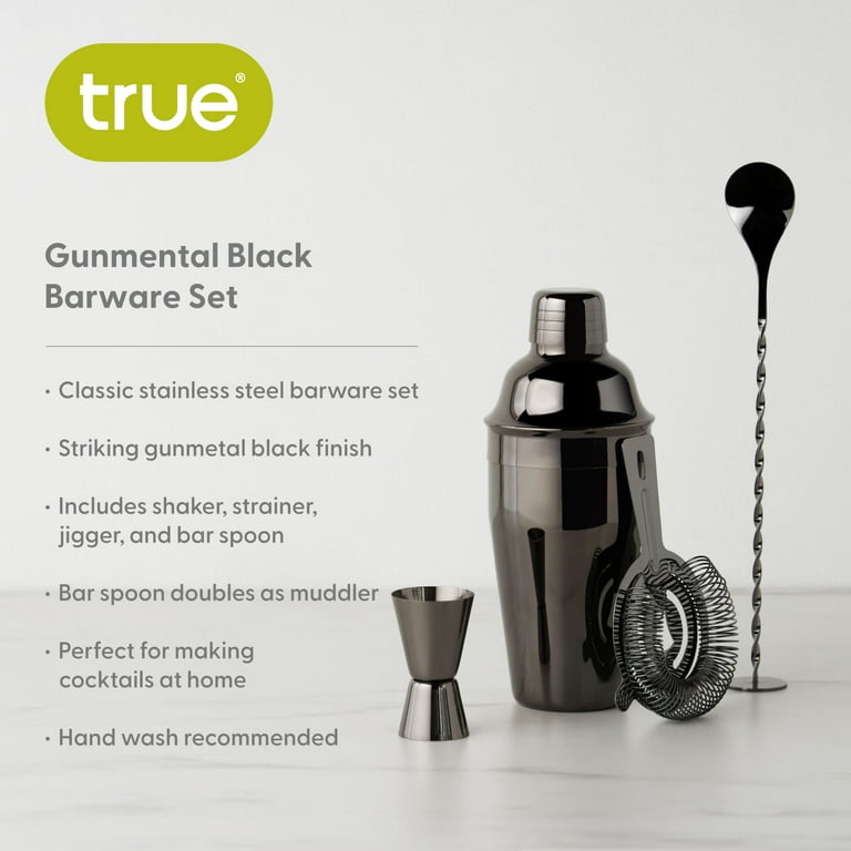 True 4 Piece Black Stainless Steel Barware Set - Cocktail Shaker
