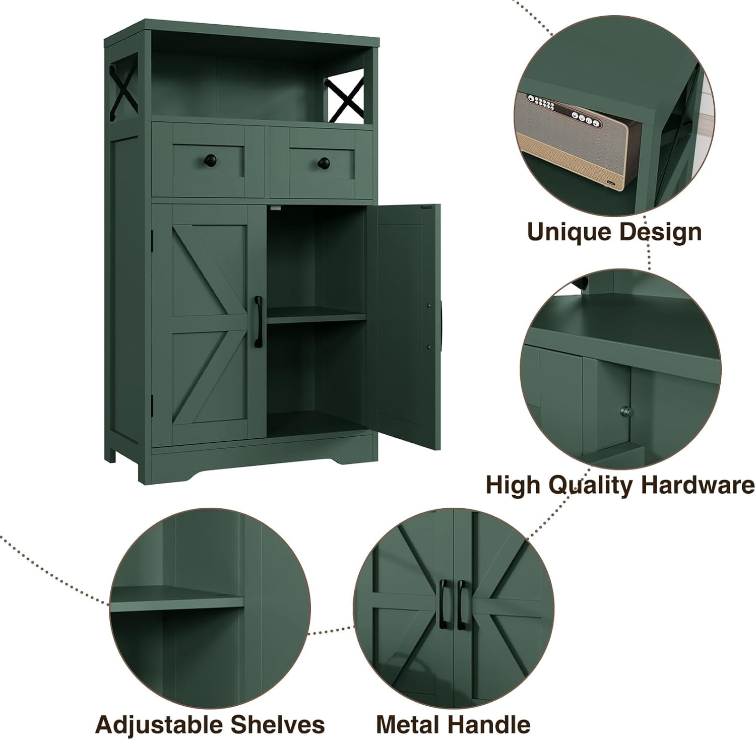 Farmhouse Dark Green Storage Cabinet with Barn Doors and 2 Drawers, Small Freestanding Kitchen Pantry Cabinet, Floor Storage Cabinets Hutch Cupboard for Kitchen/Laundry/Living Room/Bedroom