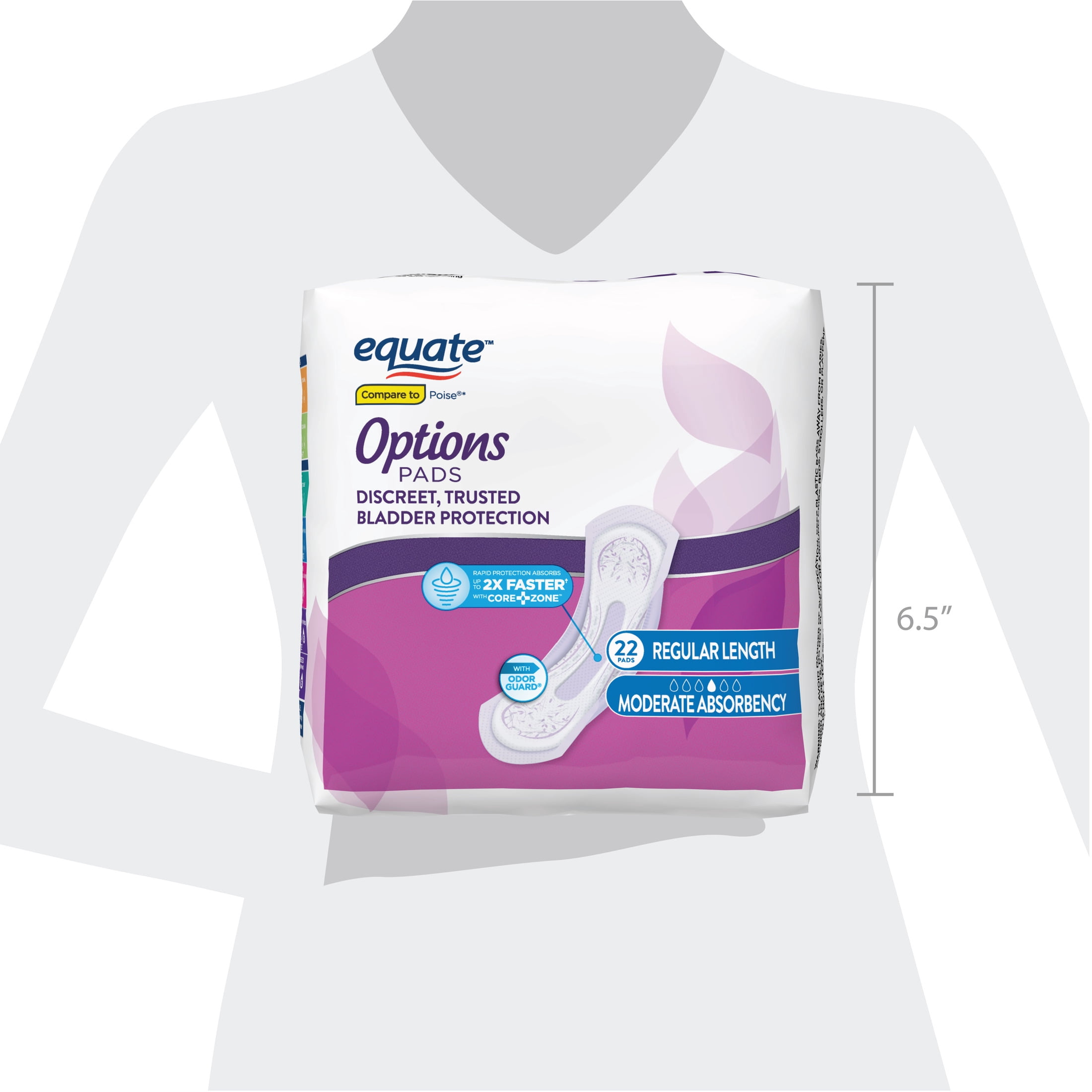 Equate Options Women's Incontinence Pads, Moderate Absorbency, Regular Length, 22 Count