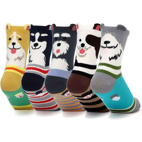 Ladies Womens Socks 5 Pairs Cotton Cute Funky Animal Dog Print Warm Crew Socks