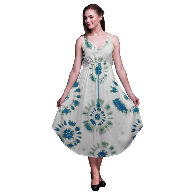 Bimba Robe Midi Imprimée Teinture sur Nœuds pour Femmes Été Col en V Tenue de Vacances-Petite