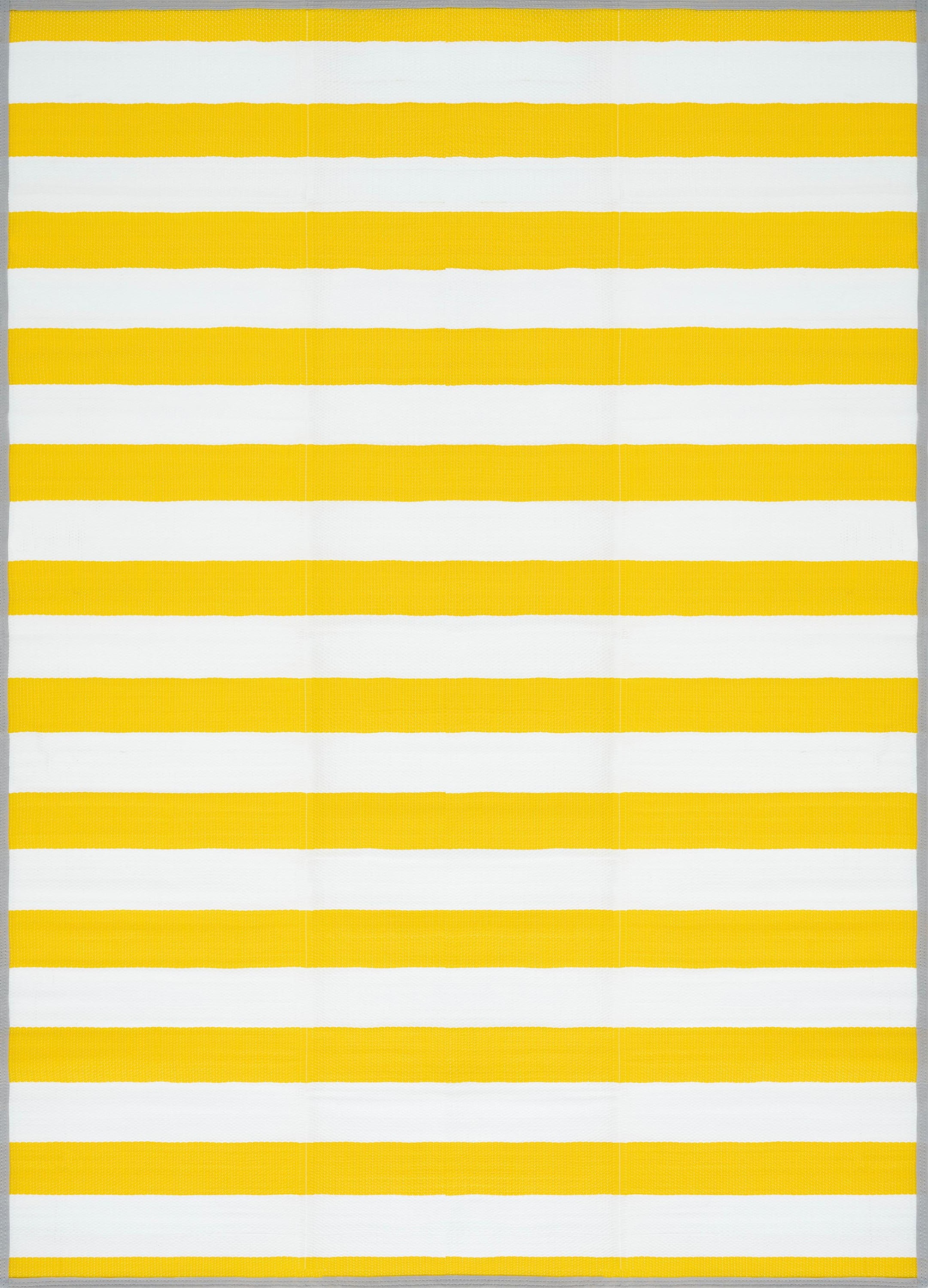 Luna Contemporary Stripe Yellow and White Polypropylene Reversible Plastic Straw Outdoor Area Rug, 5' x 6'11'' Rectangle