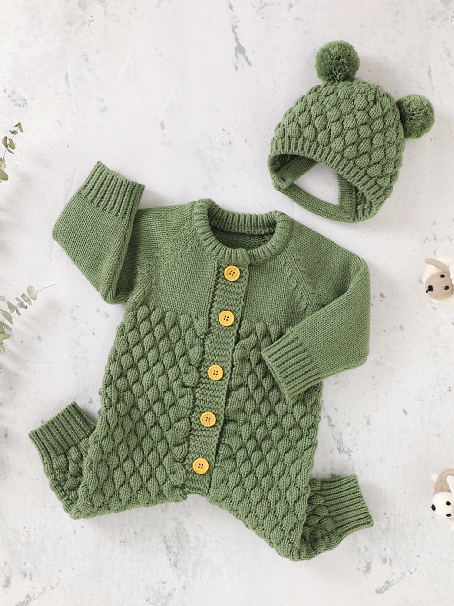 2pcs Baby Solid Knitted Long-sleeve Romper with Hat Set