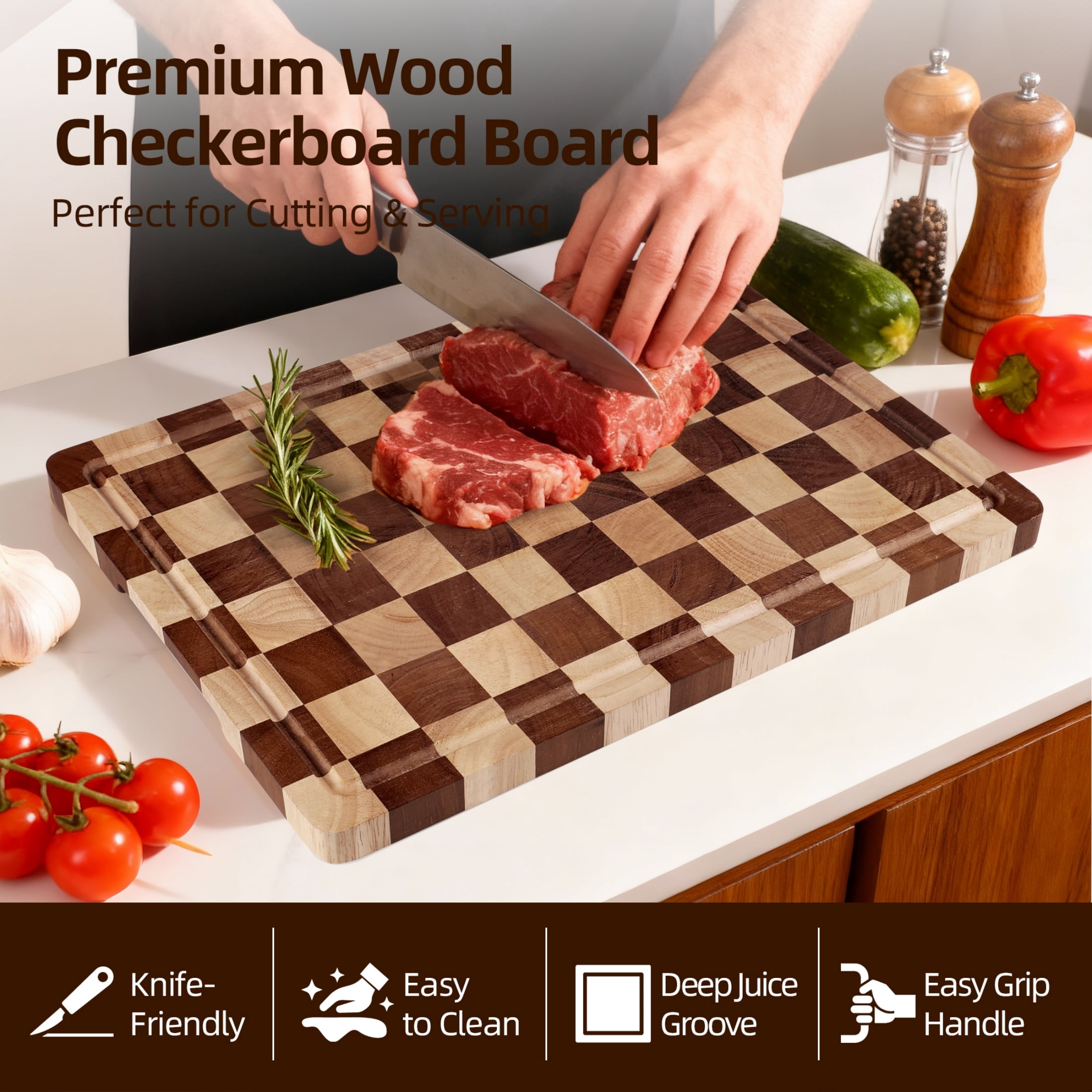 TJ POP Cutting Board Set of 2 – Checkered Wood & Acrylic Cutting Board with Counter Lip for Kitchen Counter, Wood Checkerboard Chopping Board with Juice Grooves for Vegetables, Fruits, Meat