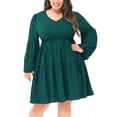 thumbnail image 3 of Women's Plus Size Tunic Dresses V Neck Bishop Long Sleeve Smocked Casual Loose Shift Swing Dress, Dark Green, XX-Large, 3 of 5