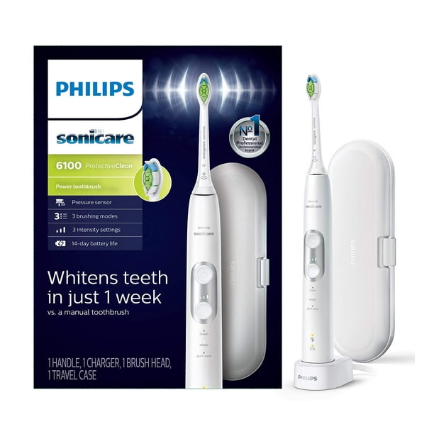 PHILIPS Sonicare ProtectiveClean 6100 Cepillo de Dientes Eléctrico Recargable, con Sensor de Presión, 3 Modos de Limpieza, SmarTimer y QuadPacer, Batería de 14 Días, Estuche de Viaje, Blanco, Modelo H