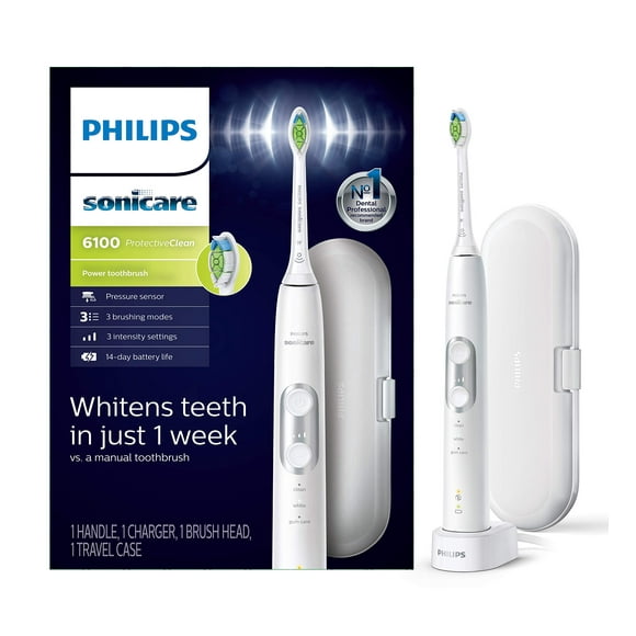 PHILIPS Sonicare ProtectiveClean 6100 Cepillo de Dientes Eléctrico Recargable, con Sensor de Presión, 3 Modos de Limpieza, SmarTimer y QuadPacer, Batería de 14 Días, Estuche de Viaje, Blanco, Modelo H