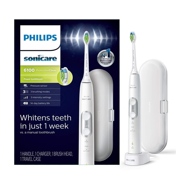 PHILIPS Sonicare ProtectiveClean 6100 Cepillo de Dientes Eléctrico Recargable, con Sensor de Presión, 3 Modos de Limpieza, SmarTimer y QuadPacer, Batería de 14 Días, Estuche de Viaje, Blanco, Modelo H
