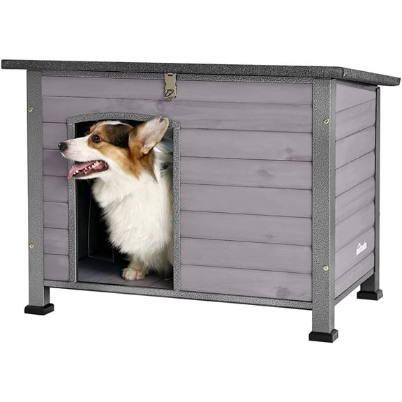 Aivituvin 33.5"L Outdoor Dog House, Wooden Dog Kennel with Openable Asphalt Roof, Chew-Proof Metal Frame for Medium Small Dog, Gray