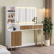 44 Inch Vanity Desk with 32'' Lighted Mirror & Charging Station, Dressing Table with Modern Fluted Design Glass Top 5 Drawers, 3 Shelves Makeup Vanity Set for Bedroom Dressing Room(White)
