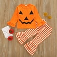 thumbnail image 1 of Children’s Halloween Outfit Orange Round-Neck Ruffle Long-Sleeves Top + Stripes Pants with Layered Bottom Heming for Little Girl, 1 of 5