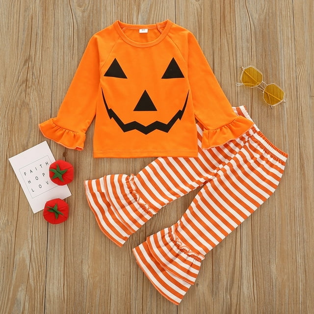 Children’s Halloween Outfit Orange Round-Neck Ruffle Long-Sleeves Top + Stripes Pants with Layered Bottom Heming for Little Girl