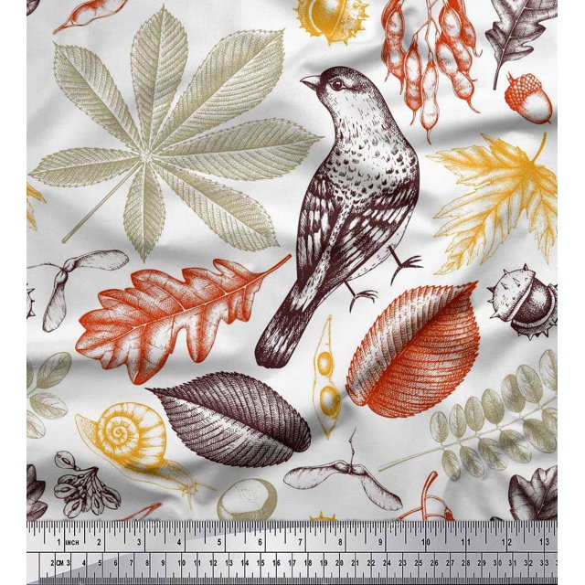 Soimoi Poly Georgette Fabric Bird & Leaves Decor Fabric Printed Yard 52 Inch Wide