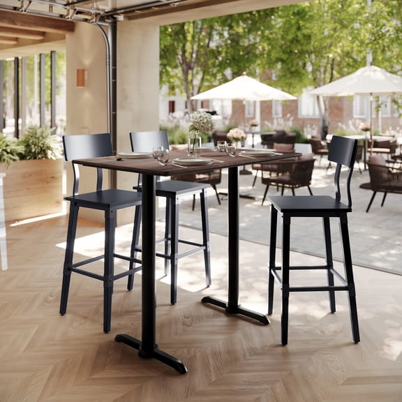 Flash Furniture 48" x 30" Tabletop with TopGuard HPL Technology in Dark Brown and Double 5" x 22" Black Bar Height T-Bases