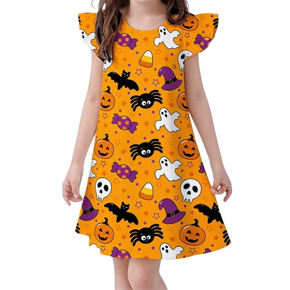 WERYOUNG Girls Nightgowns Cute Halloween Pajamas Dress Flutter Sleeve Round Neck Pumpkin Ghost Print Nightdress For Kids Toddler Stylish Nightwear 3-4 Years