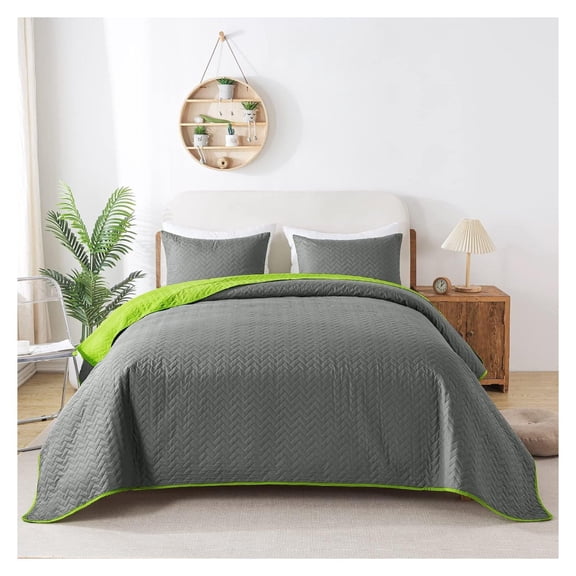 Quilts Set, Bedspread Coverlet Set with Pillowcases - 3 Piece Soft and Lightweight Bed Quilt for Spring, Autumn and Summer (Reversible Embossed - Charcoalgray/Limegreen, Full/Queen(88"x92"))