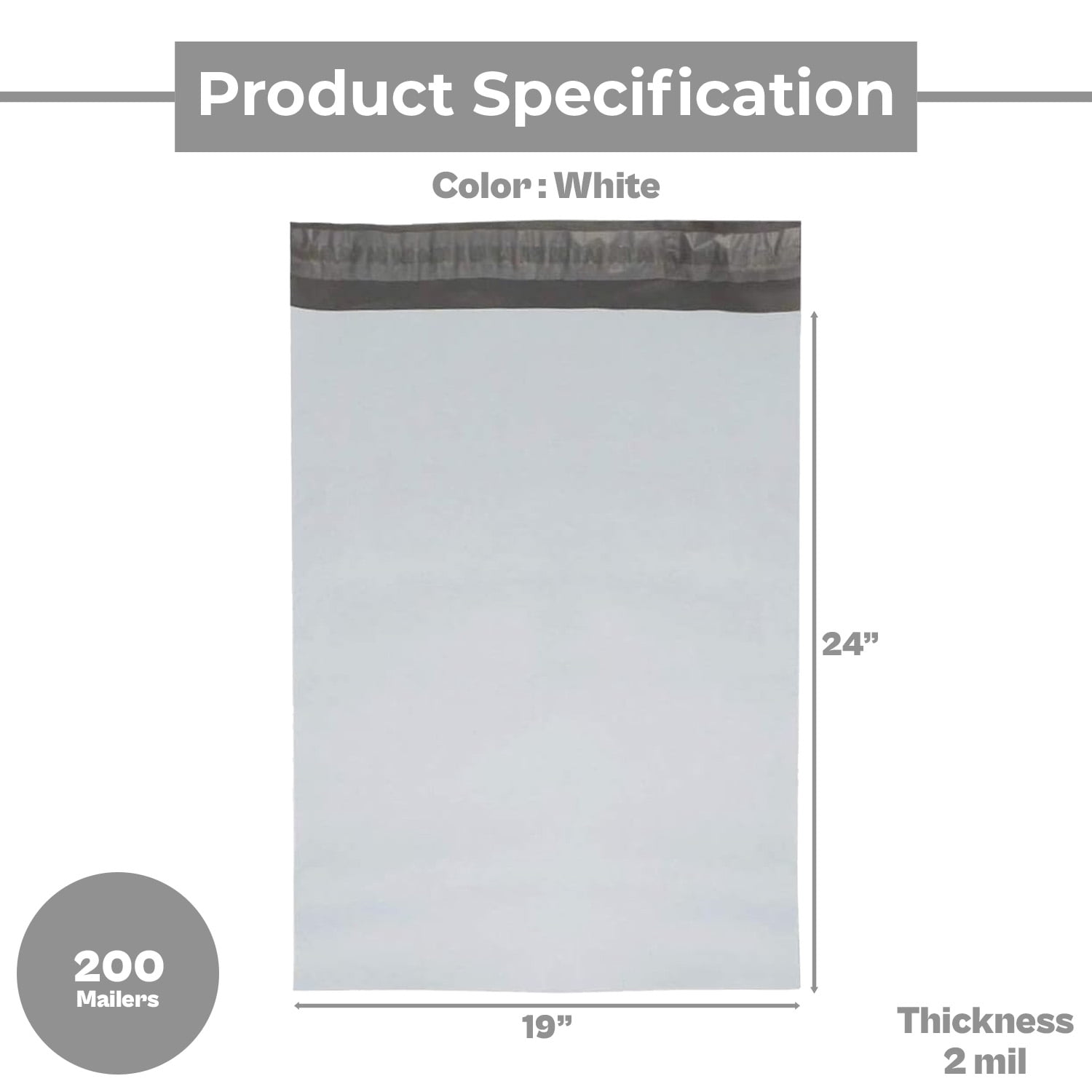 SSBM 200 Pack 19 x 24 Poly Mailer 2 Mil Self Seal Shipping Envelopes Plastic Bags Packaging Mailing Polybags White/Grey