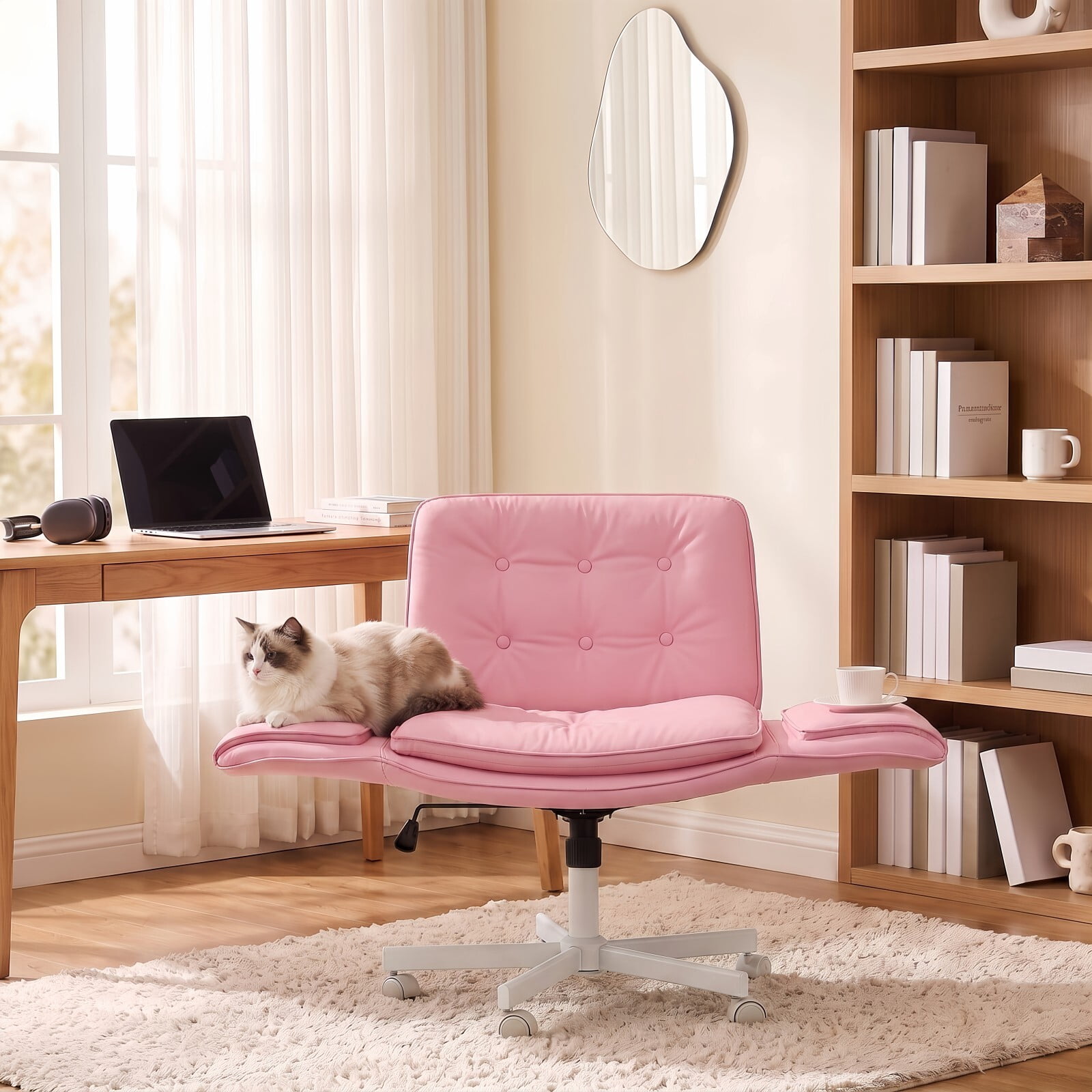 Kelno Criss Cross Office Chair with Wheels Armrests 300lbs Capacity Height Adjustable PU Leather Wide Desk Chair Swivel Vanity Chair, Pink