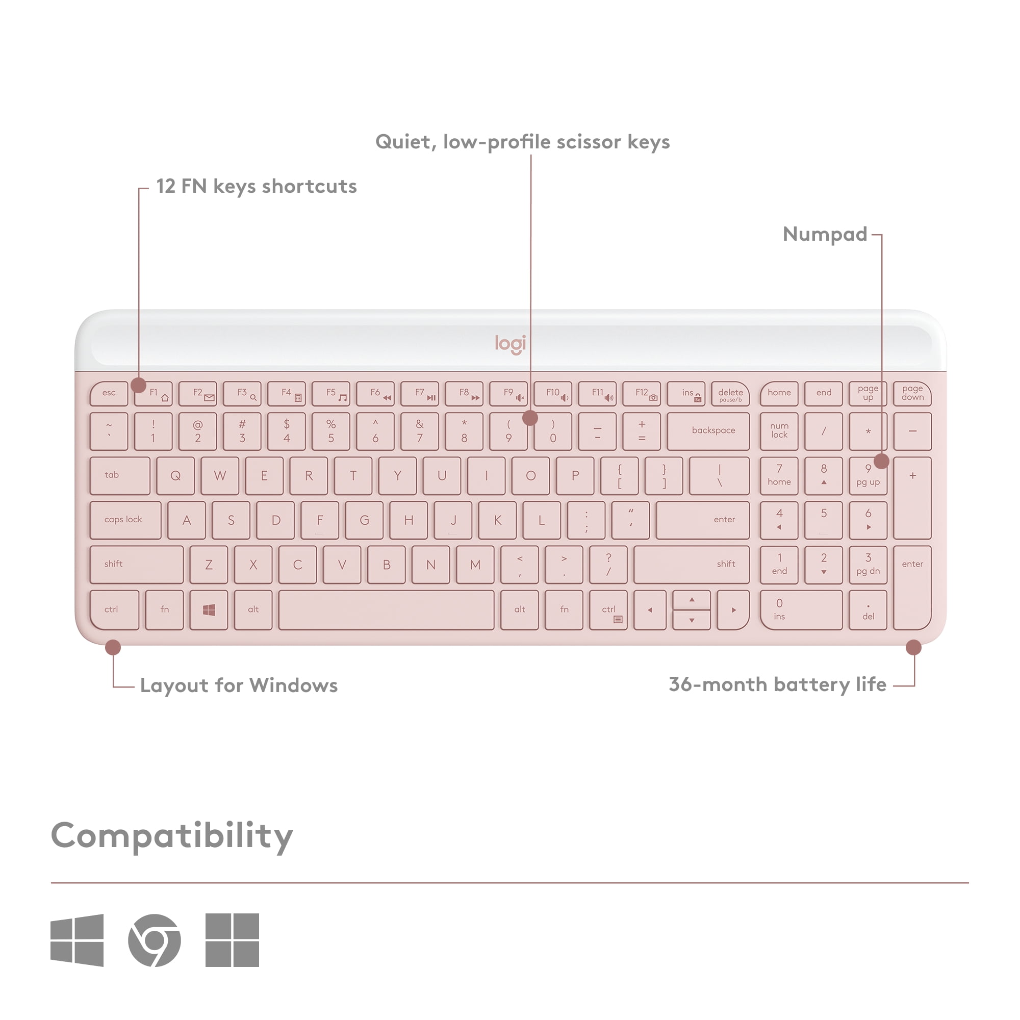Logitech MK470 Slim Wireless Keyboard and Mouse Combo - Modern Compact Layout, Ultra Quiet, 2.4 GHz USB Receiver, Rose