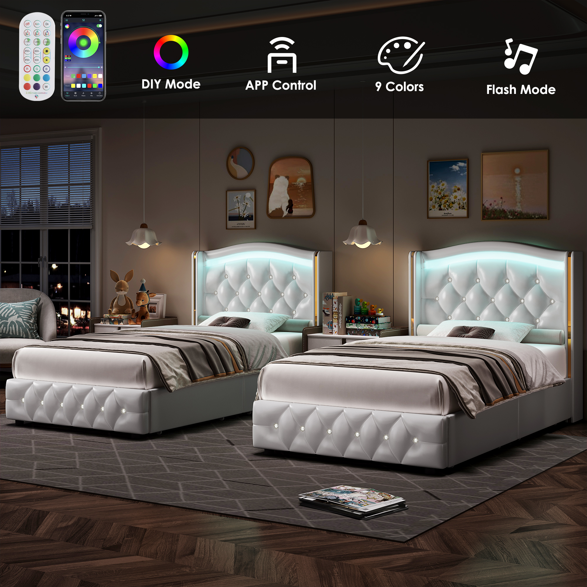 Homfa Twin Size LED Bed Frame with 4 Storage Drawers, PU Leather Upholstered Platform Bed with Crystal Buttons Headboard, White