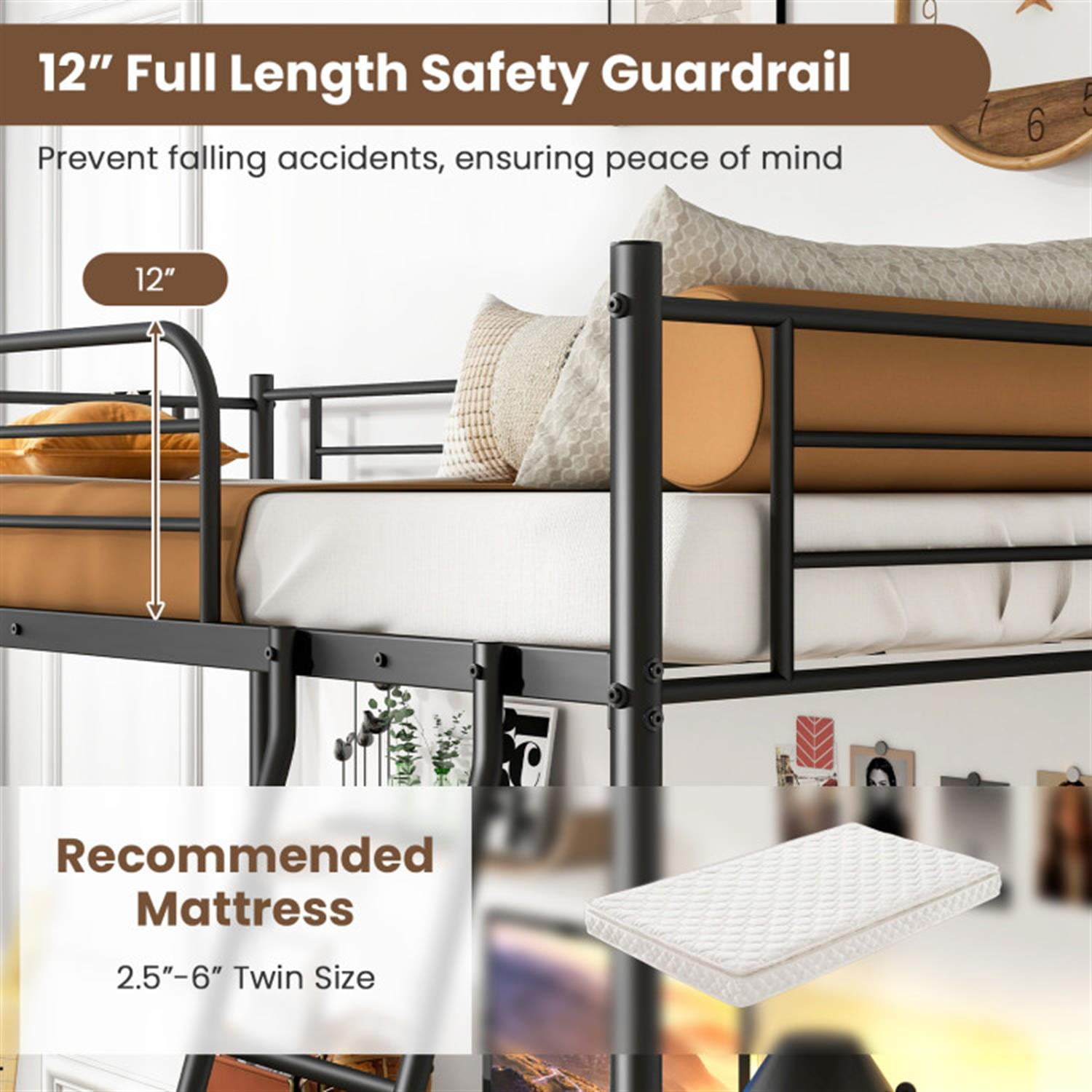 Demi Bonn Twin Size Loft Bed Metal Bed Frame with Ladder and Guardrails for Teens, Black