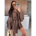 thumbnail image 6 of Women'S Layered Bell Sleeve Tie Neck Mini Dresses Ruffle Belted Tunic Dress Brown M, 6 of 9