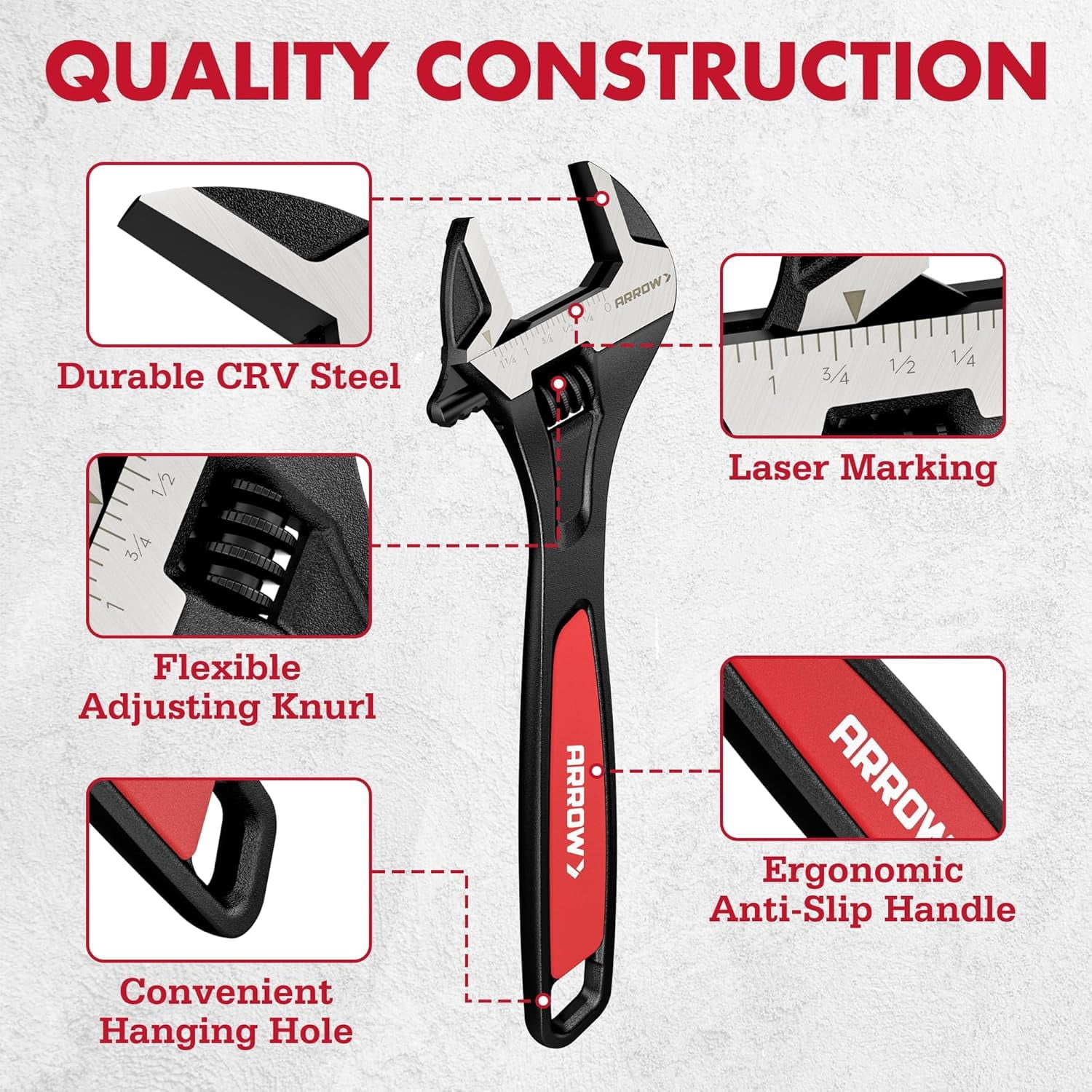 ARROW 2 PCS Adjustable Wrench Set, 8-Inch & 10-Inch , Cr-V Steel, Wide Jaw Black Oxide Wrench with Inch/Metric Laser Scales, Non-Slip Grip & Hanging Hole, for Home, Garage, Workshop and DIY