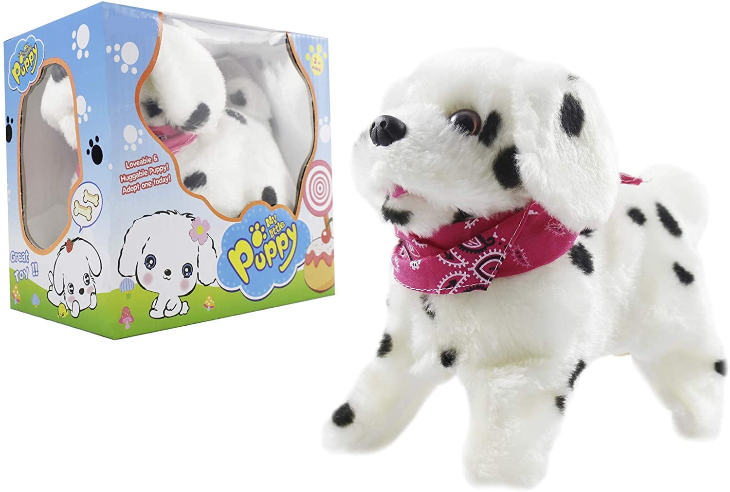 and Walks New Beige White with black dots Toy Dog Barking Flip Sit 