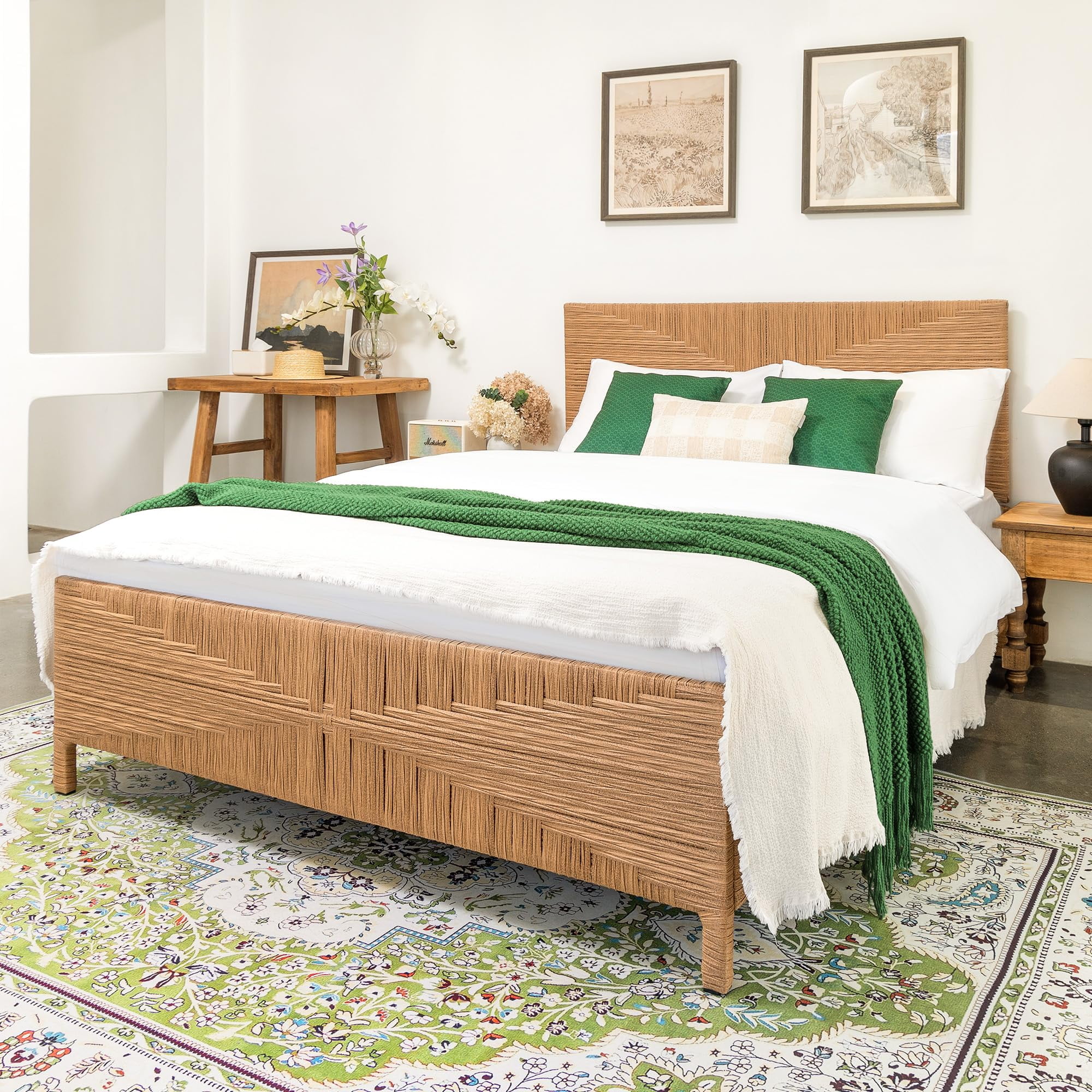 brafabhome Hand-Woven Queen Bed Frame with Headboard and Footboard, No Box Spring Needed, 1000lbs