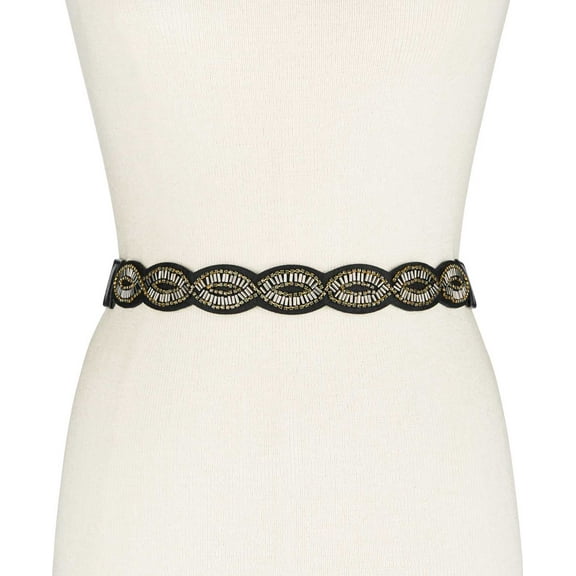 INC International Concepts Women’s Oval Beaded Scallop Stretch Belt, Black, Small/Medium