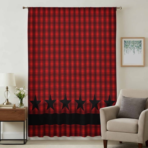 Red Black Plaid Sheer Curtains 63 Inches Long, Country Vintage Star Abstract Gingham Light Filering Curtains, Breathable Simi Curtain Privacy Drapes for Living Room Bedroom Window Treatment